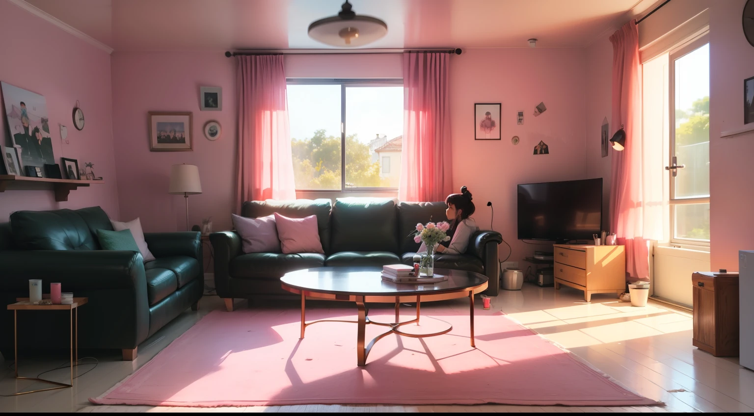 A SCENARIO FOR LOFI VIDEO, INTERIOR DA CASA , Pastel tones, ESTILO ANIME , pink --auto