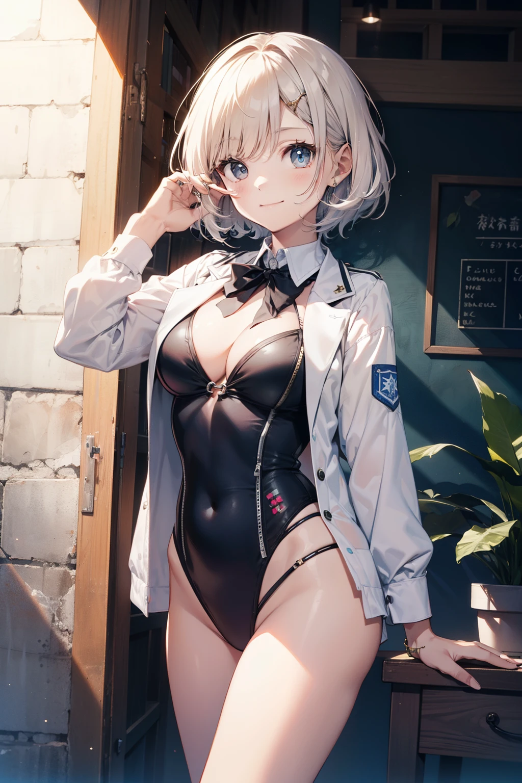 top-quality、Full limbs、complete fingers、Slender beauty、short-hair、bobhair、ssmile、monokini, Wearing a white school uniform