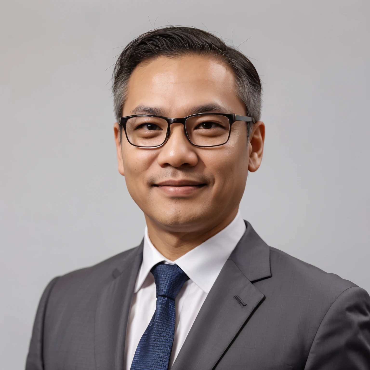 One was wearing a suit、wearing a tie、Wearing glasses、Smiling middle-aged Malaysian man with white background looking directly into the camera,Clear close-up of face