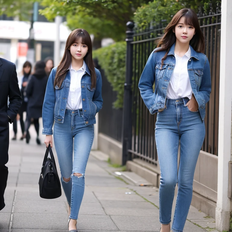 Realistic, Best Quality, 超A high resolution, (Skin spots:0.1) Same serious expression as last time, , Stand up to school during the day, jeans and denim jacket suit, masutepiece, Best Quality, extra detailed face, Perfect Lighting, Solo,1girl in, top-quality, 超A high resolution, Photorealistic, ultra-detailliert,Best Quality, IU1, Nice ass and body figure, tiny body