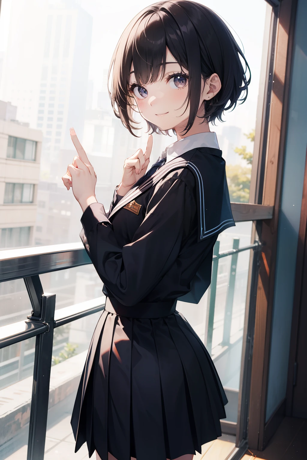 Enhanced dynamic perspective，cute cute beautiful girl，JK uniform，look at me and smile，simple background，works of masters，high quality，4K resolution，super fine，detailed pubic hair，Accurate，cinematic lighting，