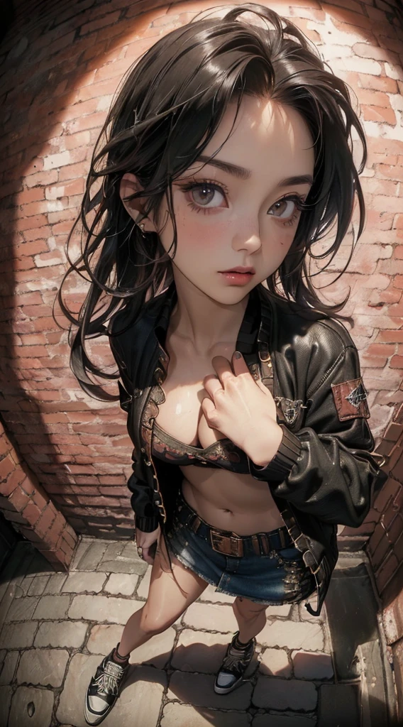 (((8k wallpaper of extremely detailed CG unit:1.2, masterpiece, hight resolution:1.2, top-quality:1.2, masutepiece))), ((a very beautiful woman, Grunge Fashion, Wearing a blouson:1.1, Wearing shoes, Hands in pockets:1.8)), ((extra detailed face, Highly detailed black eyes, extra detailed body, Top quality real texture skins)), (A dark-haired, The long-haired, de pele branca, Small:1.2, Exposed cleavage), ((surrounded by a brick wall)), (high-angle:1.2, a closeup, Fisheye:1.4), hyper realisitic, digitial painting,