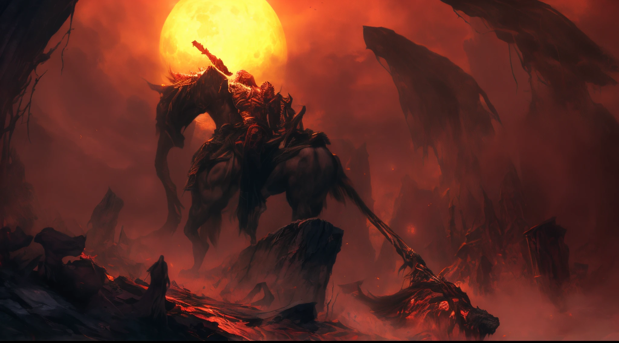 Demonic headless horseman riding a sword before the full moon, Diablo digital concept art, Diablo concept art, Inspired by Aleksi Briclot, author:Hero, Amazing d & d dark sun art, dark fantasy concept art, Sadism, Karl Kopinski, dark fantasy style art, author:Tadeusz Plushkovsky,cold shades