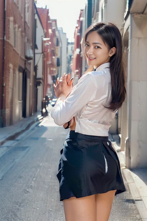 (Show your butt to the camera:1.5)Beautiful Girl, Brown hair, Long hair, (Curly hair), (((Panties that change color every time))), (((Very sweet smile))), looking at the viewers, (((Lift the hem of the skirt, Lift the hem of the skirt with both hands, Lift the hem of the skirt yourself))), (((Gray business suit))), (businesswoman) ((of the highest quality, 16 K, masutepiece: 1.3)), 1 girl, Light on Face, hyperdetailed face, very detailed lips, Detailed eyes, Realistic pupils, City Street