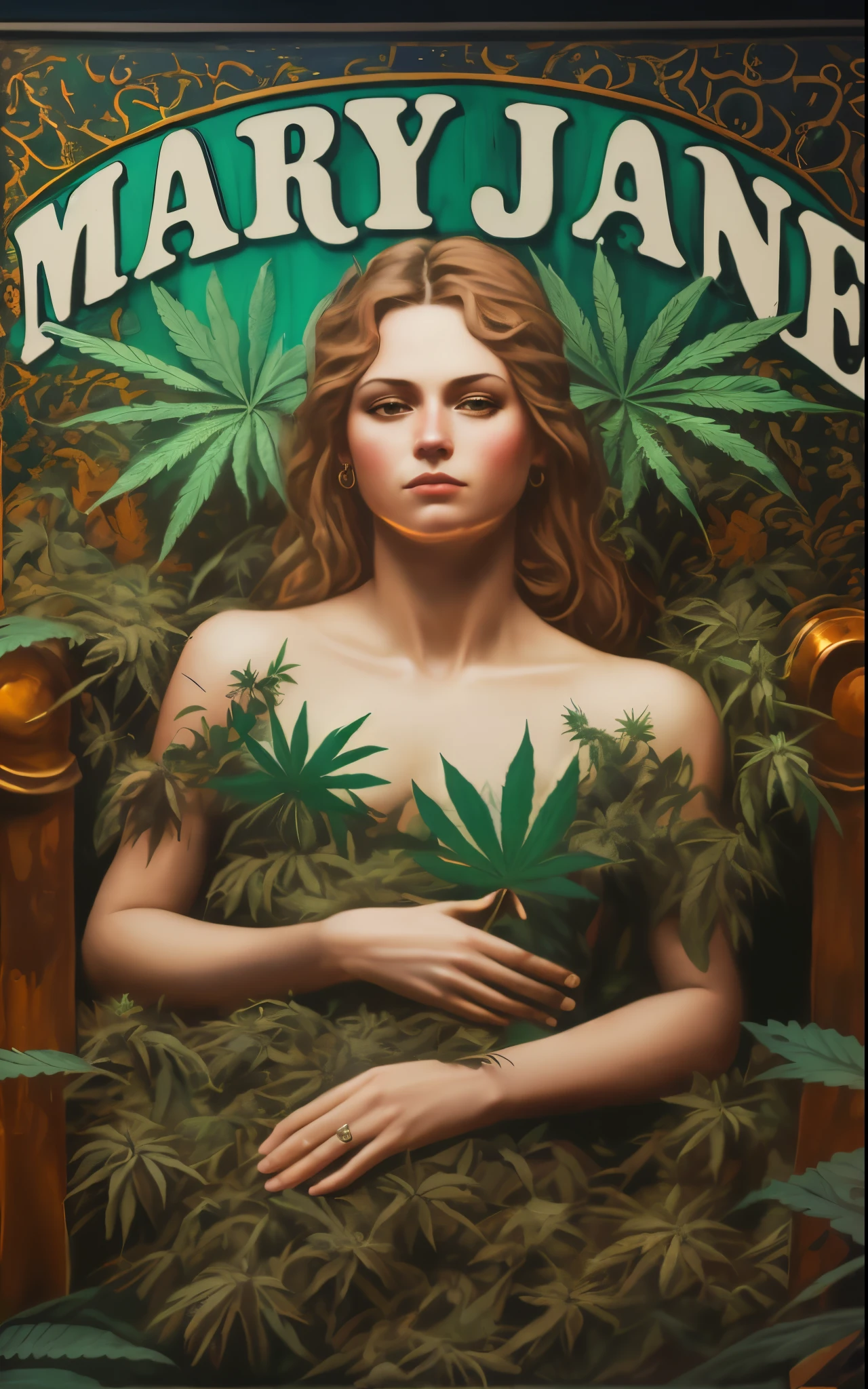 uma linda mulher com um vestido verde deitada em cima de uma cama de folhas de maconha, personification of marijuana, inspirado por Mary Jane Begin, organic marijuana painting, Maria Jane, Princesa da Cannabis, Tema Maconha, Cannabis, Cannabis!, maconha!, inspirado em Frank Xavier Leyendecker, asymmetrical marijuana, parte estilo leyendecker, maconha, maconha