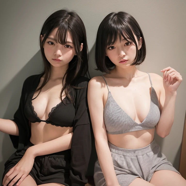 1girl in, 22year old, 8years old, gradient, up looking_で_viewer, Black_hair, Solo by JM, Yoshiko Akishino, Shorthair, sisterhood,