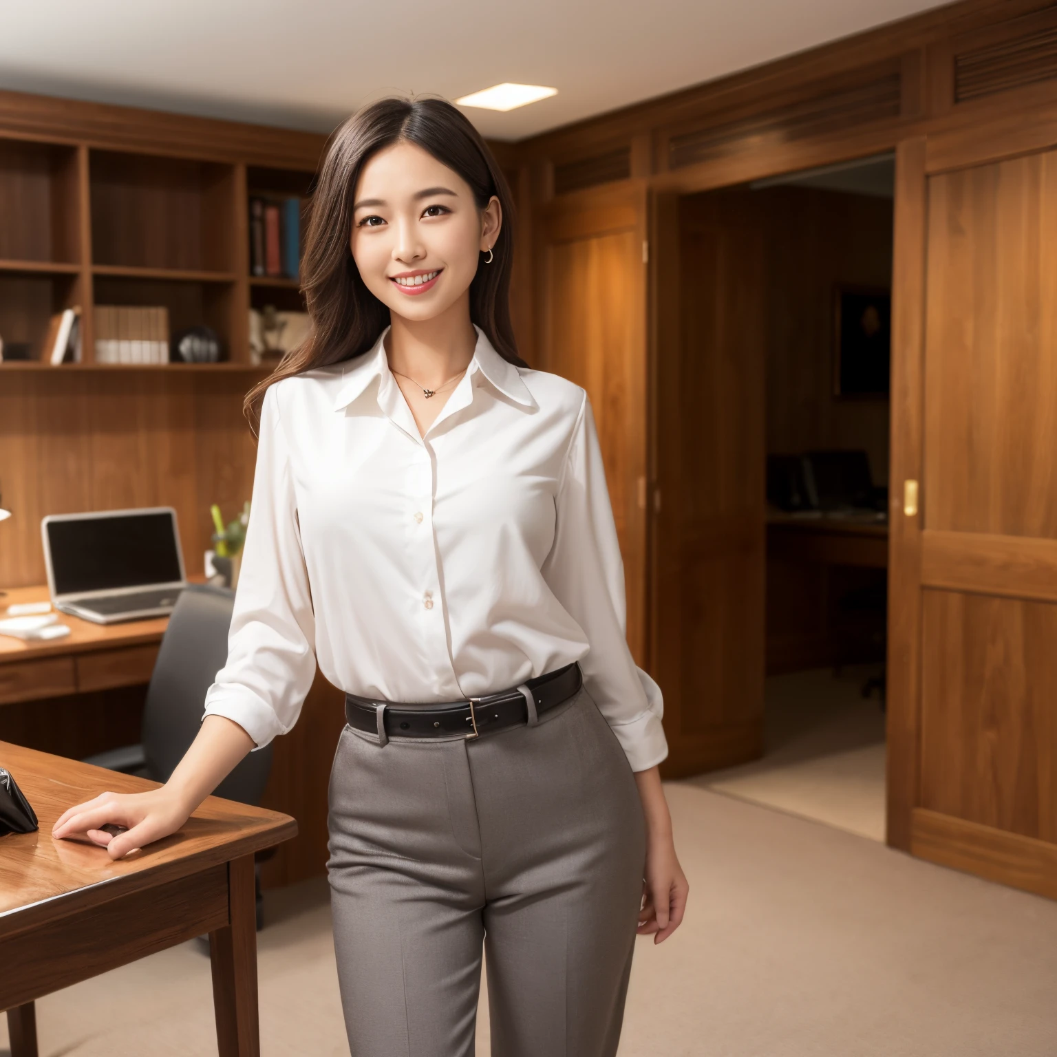 ((top-quality、masutepiece、8K、Top image quality))、1 female lawyer、she is at a law firm、Photo from the waist of a woman、cowboy shot、chignon、Formal blouse、formal pants、(Perfect lawyer badge on the chest、Accurately depicts a real lawyer badge)、high class law firm、Take a photo from the waist up、Upper body photo、shiny desk、high quality leather office chair、Quality interior、Stylish lighting、Interior based on elegant wood tones、gotik、top grade、solemnity、moderno、antique interior、Brown calm space、Elegant and calm atmosphere、The floor is a luxurious carpet、clear glass door、Clean and refreshing atmosphere、lighting embedded in the ceiling、warm and elegant lighting、perfect anatomia、He looked at me with a big smile on his face.、large white teeth