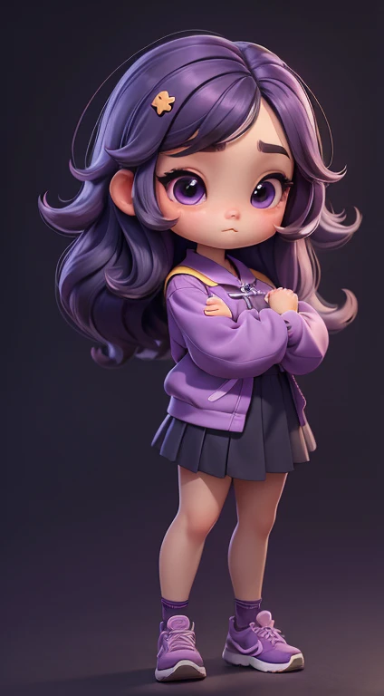 Q version of cute beautiful girl，Dumb cute，sitted，（Big eyes），Small mouth，（（（with short black hair，Braid））），looking at me，（JK school uniform，Meticulous portrayal），（（Figures，blindbox）），（（Colloidal material，crystal-clear，Good light transmission）），（Disney style），high qulity，high detal，（super-fine），16K resolution，（Macro lens），（（Works of masters）），（（Full body like）），（with a simple background，monotone），pink lighting，（（（Round thick base，Graphical model basics））），（Ray traching），（（Blue and purple majority））
