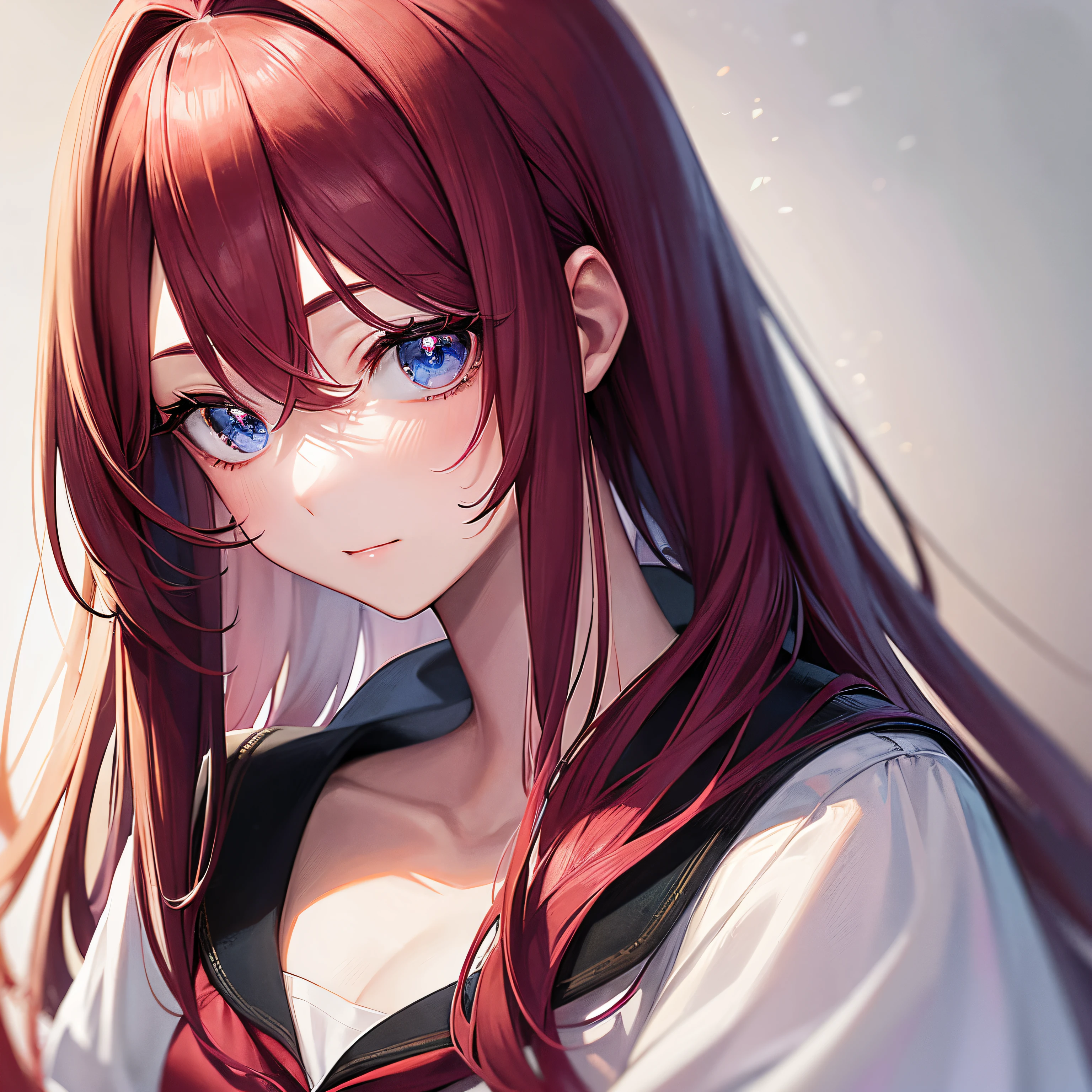close up face, pretty girl, maroon hair, long hair, wearing a star tiara, blue eyes, anime, red tie, silver serafuku, silver shirt