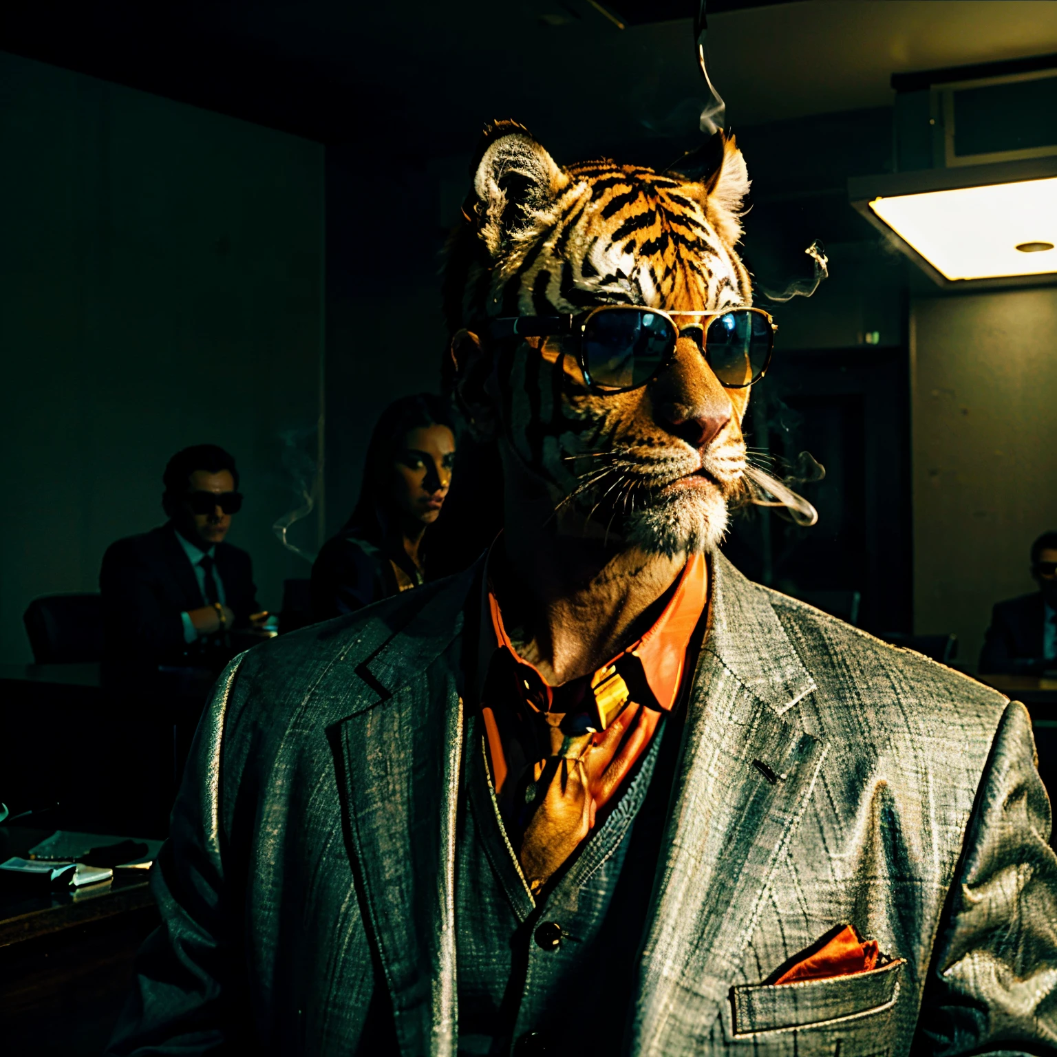 Je voudrai une pièces ou à l'entrée il ya marqué Antre des cauchemars avec une couleur uniquement blanche avec une machine est un adulte avec un costume une. Vielle veste et un masque qui ressemble à une tête de tigre