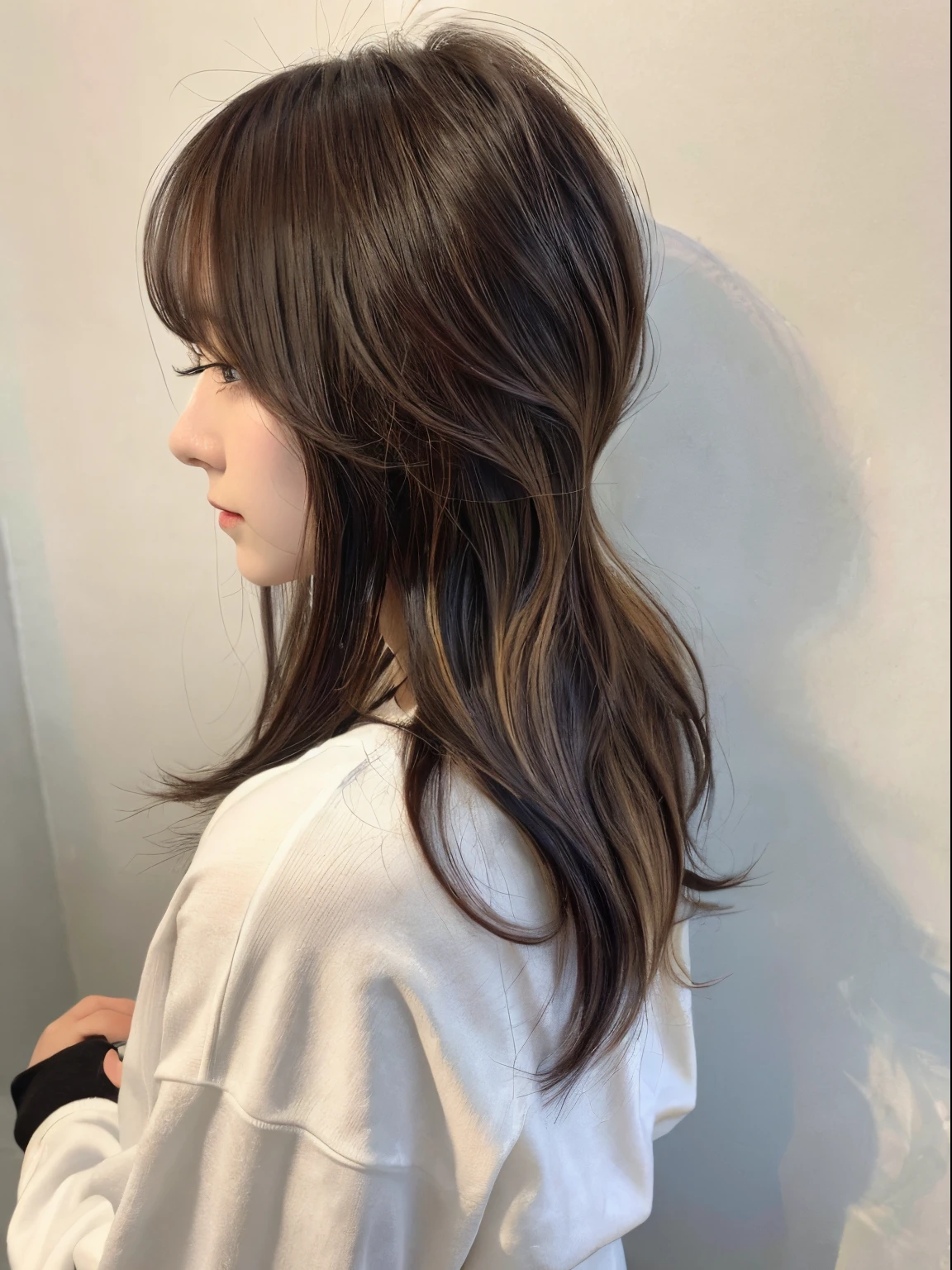 top-quality、masterpiece、hight resolution、1girl in、独奏、Raw photo、Real person、Detailed skin、japanes、Highlight Hair Color、thin bunches of bangs、Medium Hair、layers-Cut、posterior view、fully body photo、Sweatshirt、White Room、white walls、(Winter clothes:1.5)、(Beautiful profile:1.3)、Shot in natural light、Random Poses、Other shots、(split dye、two color hair)、inner colored、((inner hair is bright))、Loose winding、 hair down