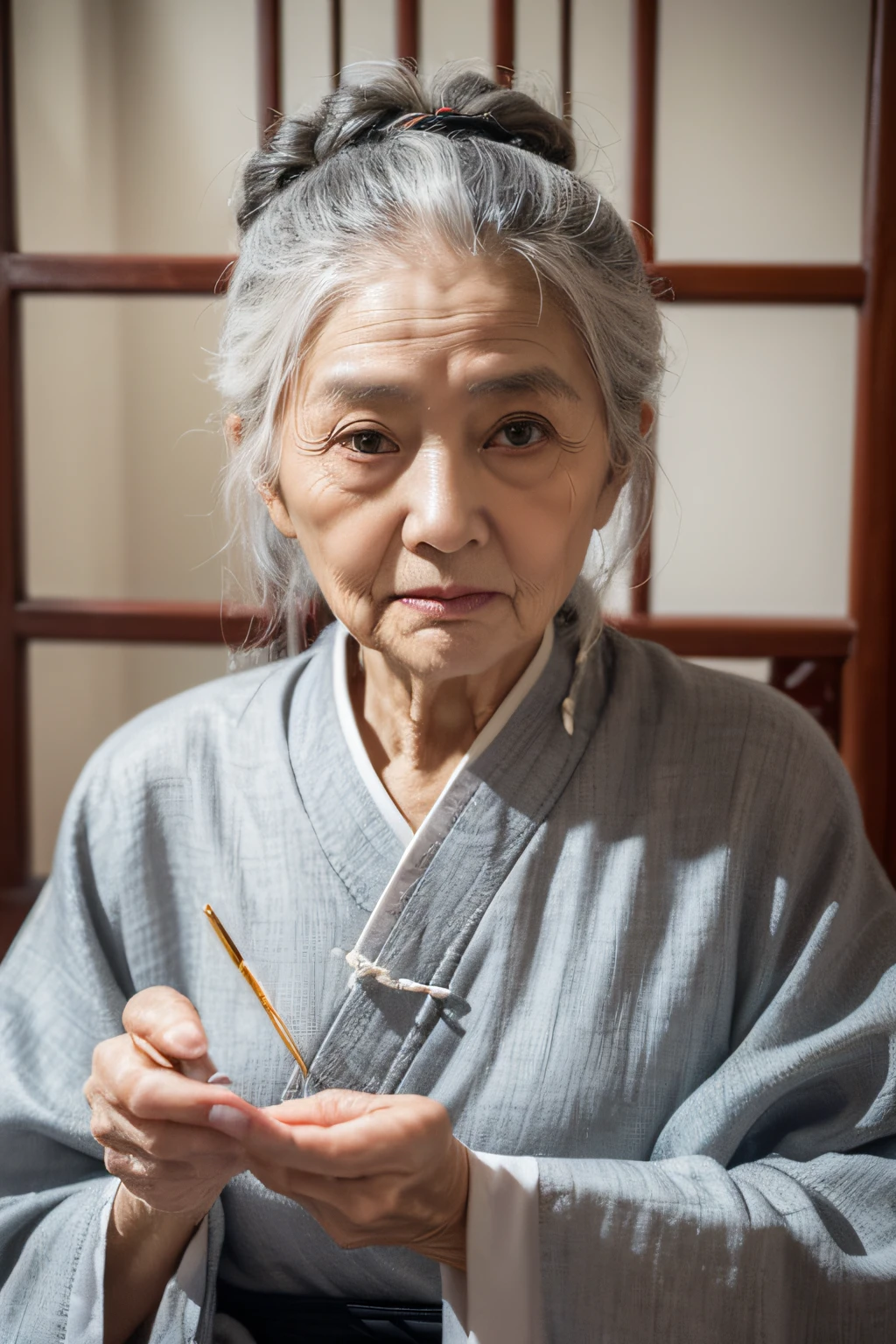 (old old woman:1.4), Gray hair,Chinese-style coiled hair, kind face, house wife, Auntie's look.Asia face,looking at the camera in,Wearing Chinese Zen clothing,The temperament is elegant，Perfectly Centered Portrait Photo,calm expression