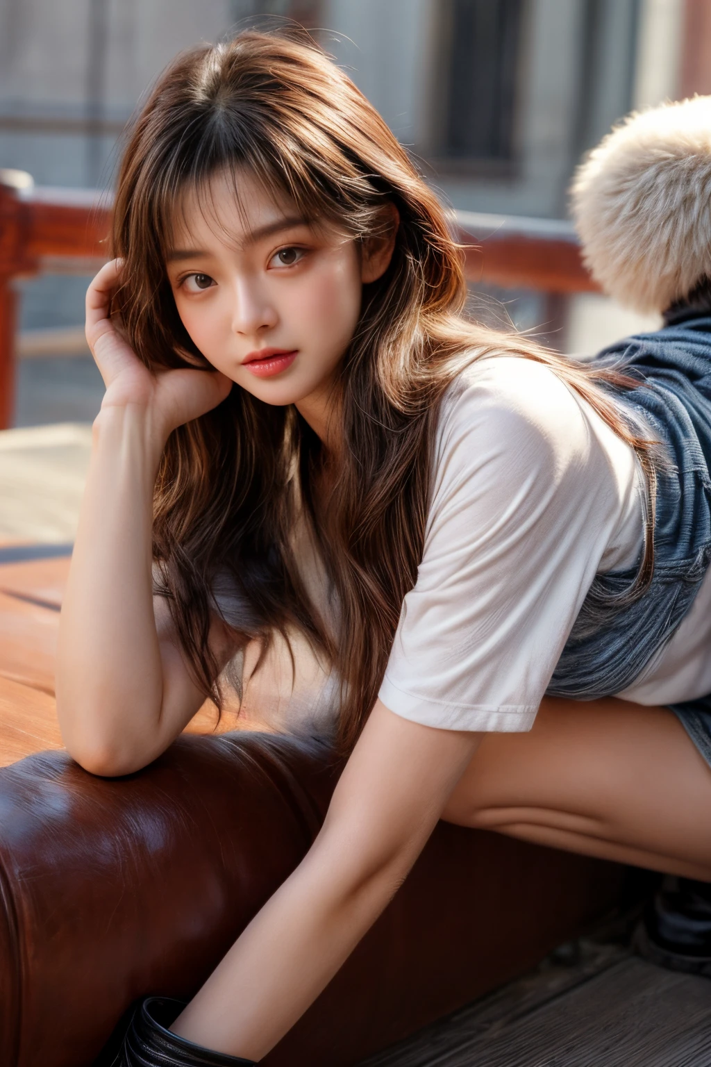 1girll,Sit on a comfortable sofa,Cross ed leg,Soft light