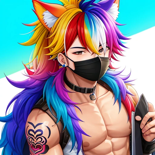 kemono1boy, rainbow large hair, face mask, full tattoo