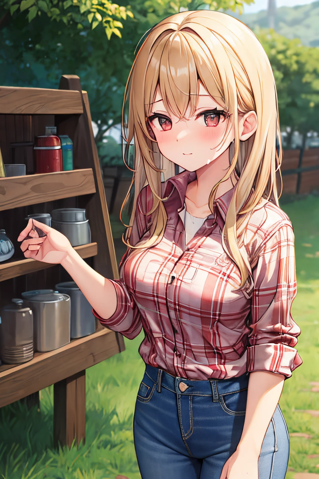 farm girl, red plaid flannel shirt, old loose worn out jeans, sweaty, farm ranch, detailed quality, medium breasts