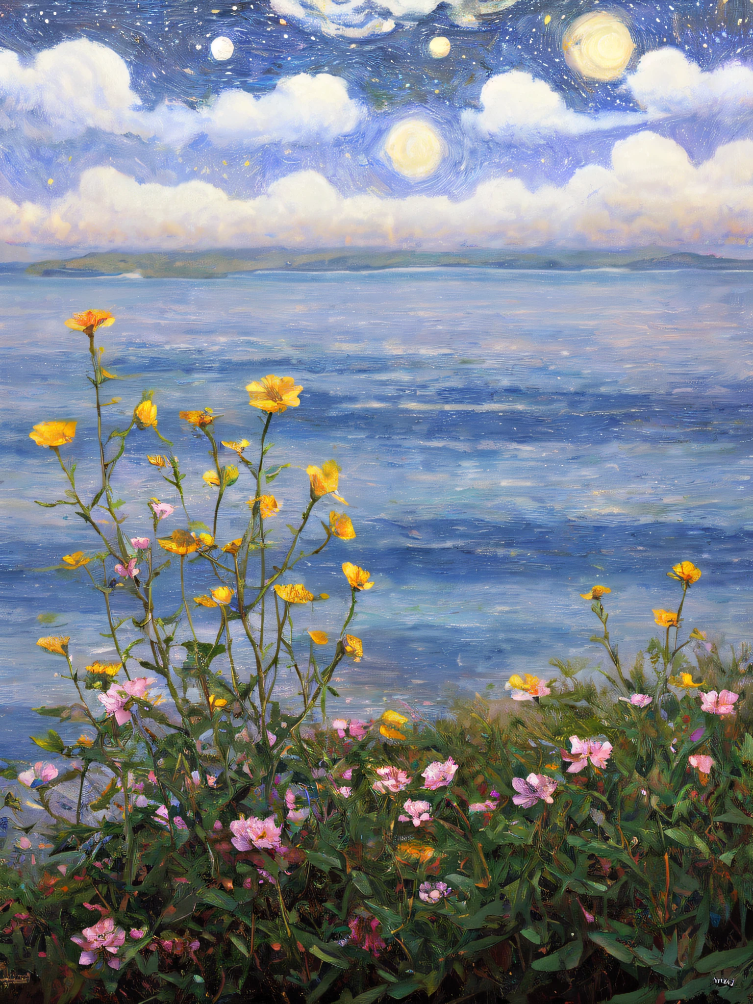 masterpiece, best quality, 8K resolution, highly detailed, realistic, mucha, starry sky, flower sea, many flowers