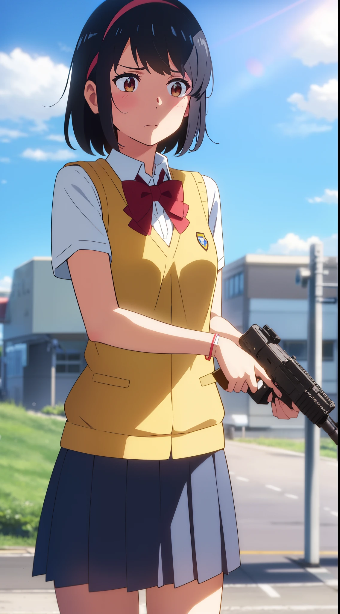 shinkai makoto, kimi no na wa., 1girl, bangs, black hair, blush, brown eyes, collared shirt, headband, looking at the viewer, Clavicle, red bow, red headband, red ribbon, school uniform, shirt, short hair, medium breasts, solo, sweater vest, vest, white shirt, yellow sweater vest, yellow vest, skirt, blue skirt, short sleeves, day, blue sky, cloudy_sky, sunlight, Outdoors, shiny skin, Despair Face, bracelet, holding gun, assault rifle, assault rifle, trigger_discipline, low-ready, trigger discipline, cowboy shot, perfect hands