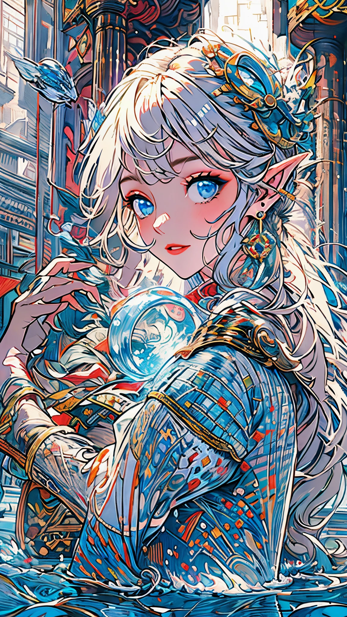 (Best quality at best,4K,8K,A high resolution,tmasterpiece:1.2),ultra - detailed,(actual,realistically,realistically:1.37),sporty attire,Impresionismo,under the water,iris compiet,airbubble,1 flat-chested girl,The fish,Long gray hair,floods,Alone,Eau,A princess,blond hair blue eyes,short- sleeved,eBlue eyes,fairies,Legend of Zelda,jewely,CG,Detailed hands,kingdom city background,Ancient machinery,diadems,Light effect