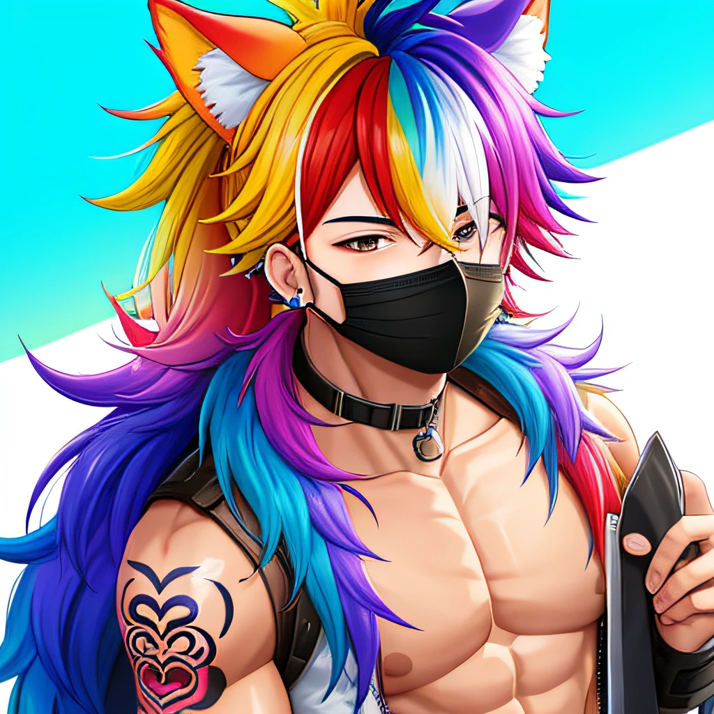 kemono1boy, rainbow large hair, face mask, full tattoo
