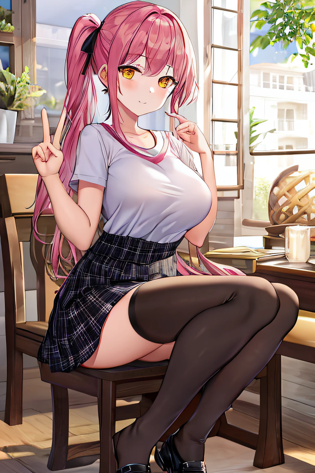 A girl with pink colored hair, long hair, a side ponytail, orange eyes and big breasts, She's wearing a pink t-shirt, a black skirt with purple strays, glasses, a hair bow, black thighhighs and black shoes, She's raising her hand making a "V" shape with her fingers. (Best quality, detailed clothes, detailed body, detailed hands, full body)