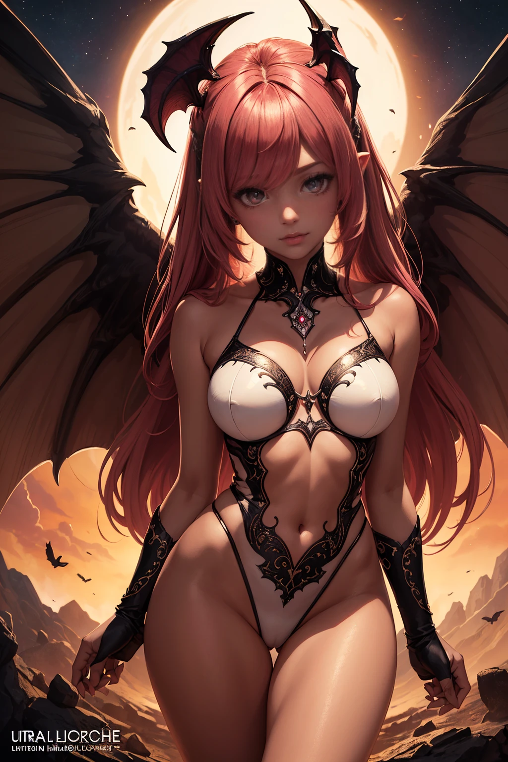 (masterpiece, best_quality, ultra-detailed, immaculate:1.3), epic, illustration, 1girl, (impressive Lightcore:1.3) cute succubus, wings, full body, [:intricate costume design,:0.2], official art, dark skin, red lighting , on an ghostly planet, bombshell hair, matte pink hair with beige highlights, Chignon, arm behind back / arms behind back