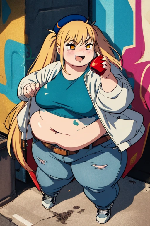 Original Character, Volumetric Lighting, Best Shadows, Shallow Depth of Field, Portrait Of Stunningly Beautiful Girl, Petite, Delicate Beautiful Attractive Face With Alluring Yellow Eyes, Messy Painted Face, Sharp Eyebrows, Broadly Smiling, Open Mouth, Fangs Out, Lovely Medium Breasts, Layered Long Twintail Blond Hair, Blush Eyeshadow, Thick Eyelashes, Applejack Hat, Oversized Pop Jacket, Mini Underboob Tee, Open Navel, Fat Waist, fat Belly, fat arms, chubby body, Denim Jeans Pants, With Buckle Belt, In The Graffiti Alley, Waste Container, Outside Stairs, Outdoor Unit, Holding Spray Paint Can, Standing, (Highest Quality, Amazing Details:1.25), (Solo:1.3), Brilliant Colorful Paintings