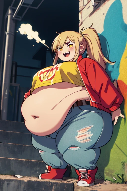 Original Character, Volumetric Lighting, Best Shadows, Shallow Depth of Field, Portrait Of Stunningly Beautiful Girl, Petite, Delicate Beautiful Attractive Face With Alluring Yellow Eyes, Messy Painted Face, Sharp Eyebrows, Broadly Smiling, Open Mouth, Fangs Out, Lovely Medium Breasts, Layered Long Twintail Blond Hair, Blush Eyeshadow, Thick Eyelashes, Applejack Hat, Oversized Pop Jacket, Mini Underboob Tee, Open Navel, Fat Waist, fat Belly, fat arms, chubby body, Denim Jeans Pants, With Buckle Belt, In The Graffiti Alley, Waste Container, Outside Stairs, Outdoor Unit, Holding Spray Paint Can, Standing, (Highest Quality, Amazing Details:1.25), (Solo:1.3), Brilliant Colorful Paintings