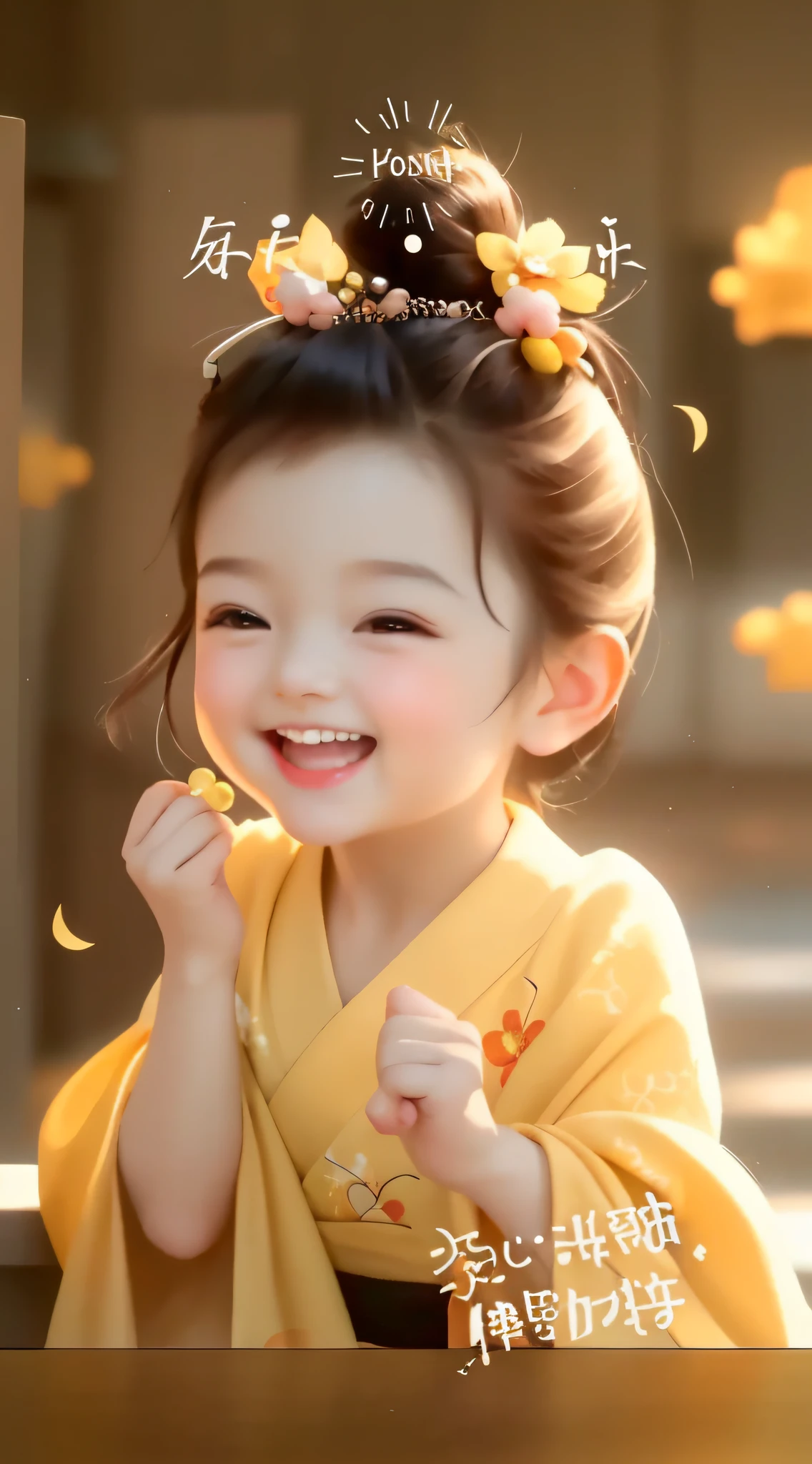 Close-up of wearing yellow kimono, sweetly laugh, lovely digital painting, cute smiling, and she smiling,Gladly, beautiful and smiling, She has a cute and expressive face, she's smiling, Cute and cute, adorable digital art, adorable expression, cute cartoon character, cute smiling, A sweet smile, she has a cute face, Very cute and childish