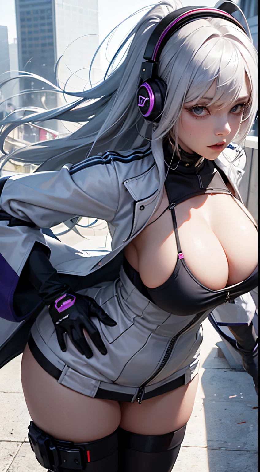 1 plump girl, White hair, Long gray hair, A masterpiece of technological clothing, Best quality at best, actual, Endless realism, Dark purple coat, sporty attire, 詳細な目, with headphones on, White blonde hair, 21-year-old girl, Stylish pose, Half a body, wide - angle shot, Have on the street, cyber punk personage，Colossal tits，Huge cleavage