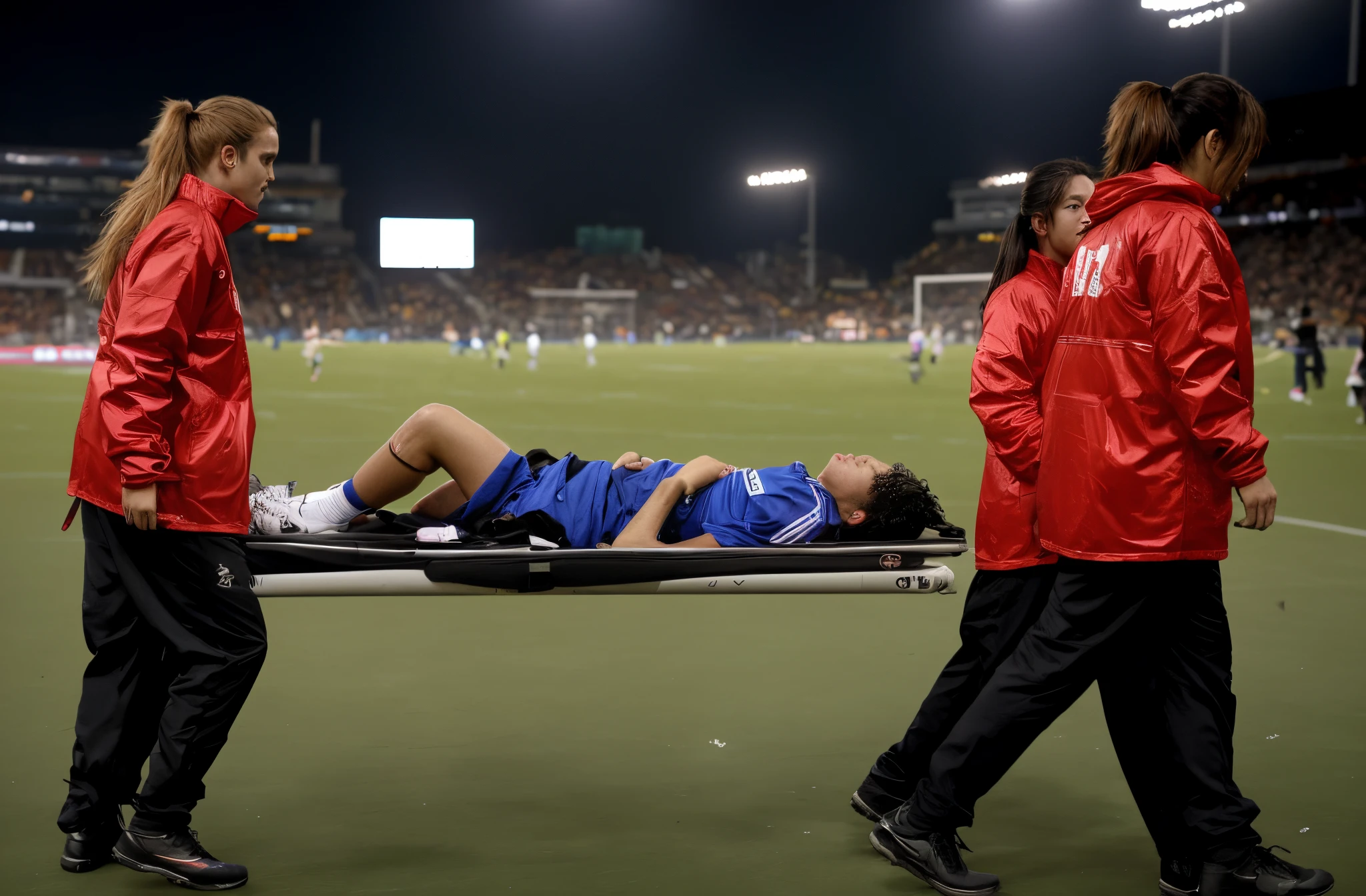 Soccer player is taken away on a stretcher, There is a man lying on his back on a stretcher with his hands grabbing his hurting leg, a man in a t-shirt and sports shorts has put his hands on his injured leg, the man has an agonised face looking to the sky, two horny looking longhaired and ponytailed women that are wearing very shiny coats, there are longhaired women with horny faces wearing laquered puffy coats, longhaired women are walking in wetlook puffy coats, several women walking around a football field with an injured athlete on a stretcher, the injured athlete on the stretcher is grabbing his injured leg with both hands, the women look very worried, behind the women there is a frightening atmosphere, there is heavy rainfall in the background, video still, behind the scenes, pity, china, erotic, horny, drama