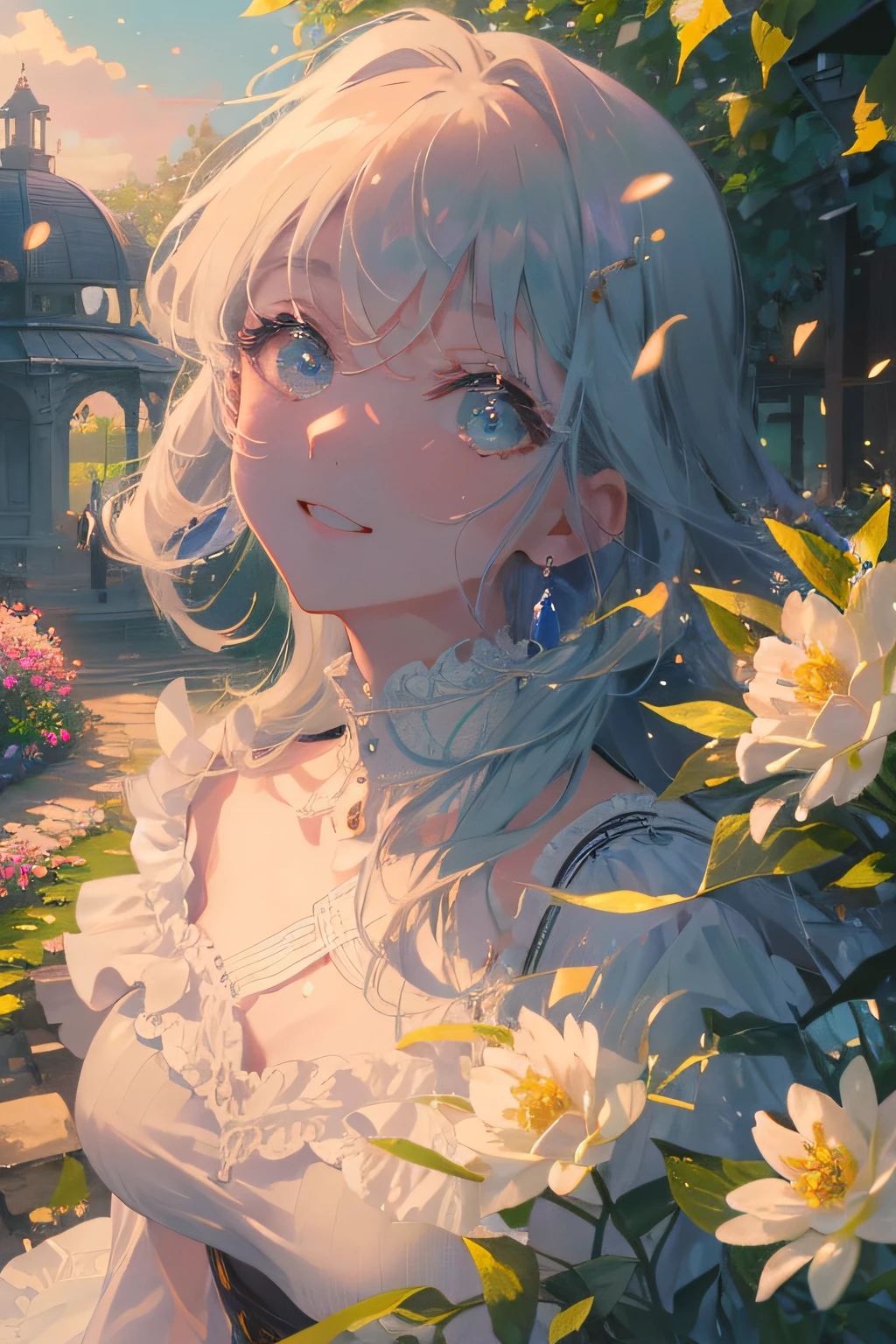 (​masterpiece、8K、top-quality)、(Soft light:1.5), full body, Detailed face, Detailed eyes, landscape, palace, Back Light, Many flowers, Smile, Spark, garden, gazebo