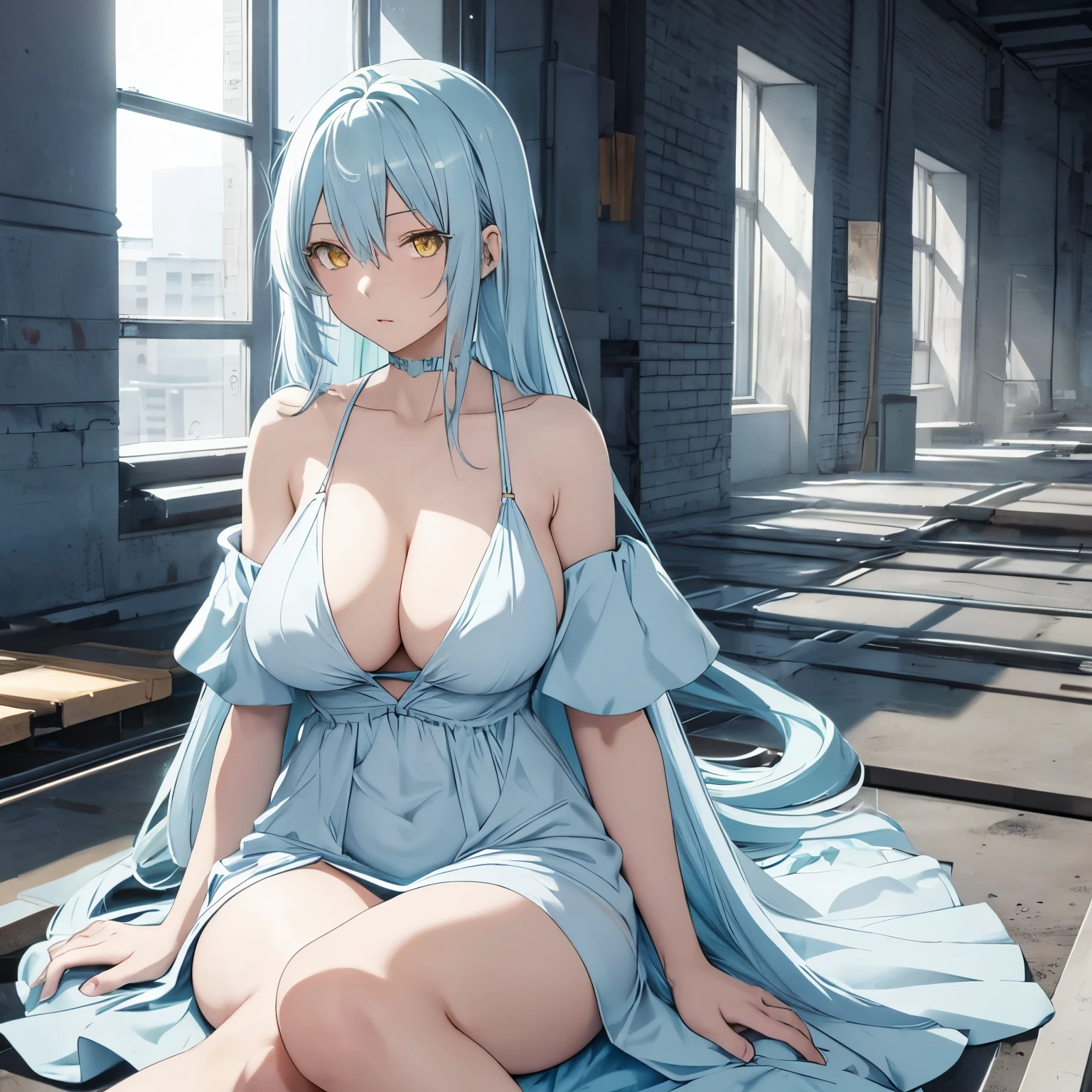 Anime, female, light blue hairs, yellow eyes, long hair, massive boobs, short dress, thigh, bare shoulder, collarbone, sitting, looking at viewer, in building, white dress