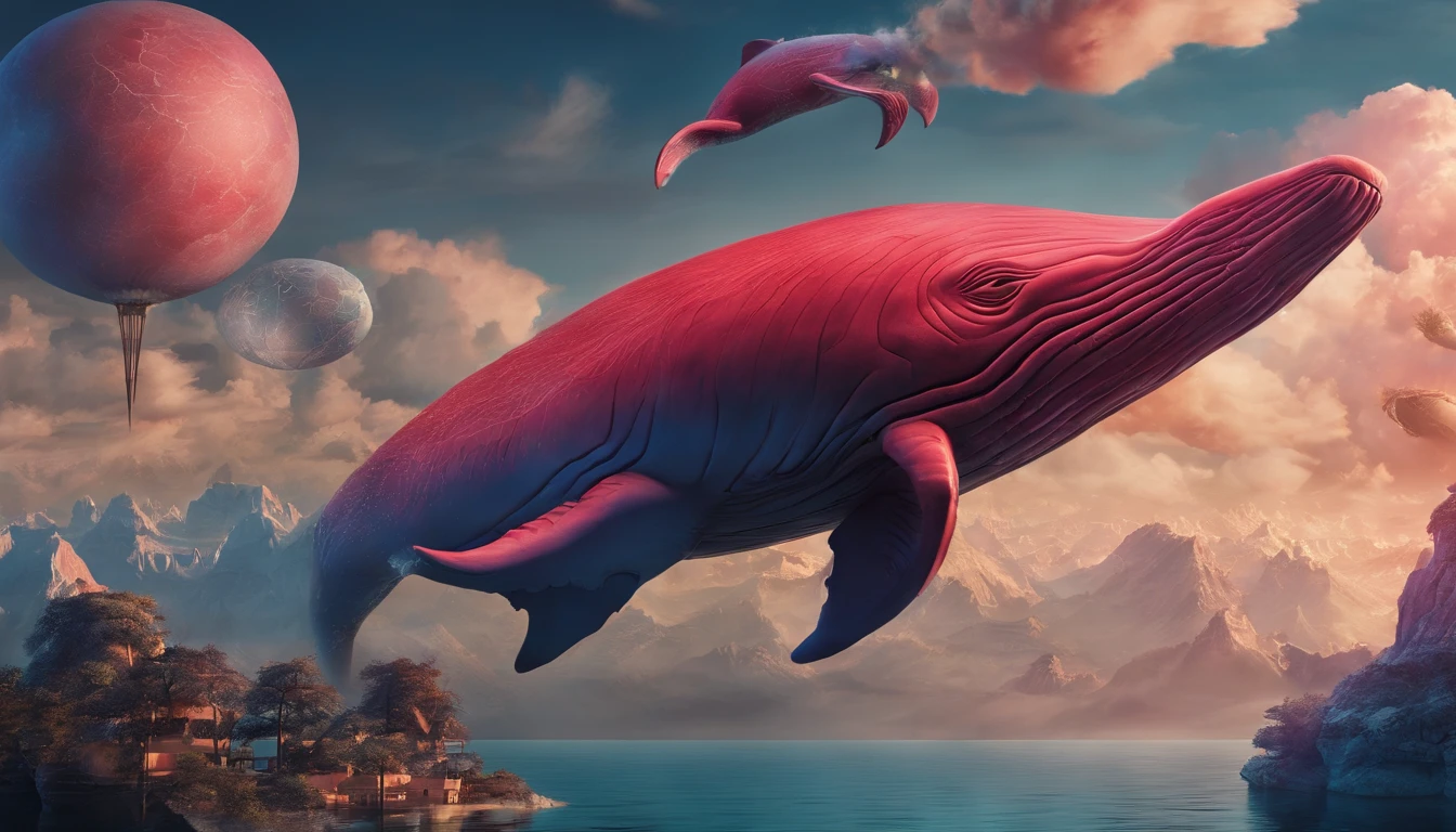 Very beautiful night planet 3D,red scene,Aerial whale floating in the clouds,Empty and boundless,Xingchen,the sea,Large depth of field perspective,chinese fantasy,Dreamism,Vivid effects and details,Excellent picture quality,A high resolution