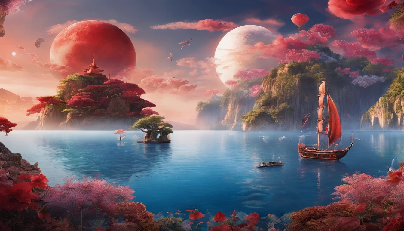 Very beautiful night planet 3D，red scene，Aerial whale floating in the clouds，Empty and boundless，Xingchen，the sea，Large depth of field perspective，chinese fantasy，Dreamism，Vivid effects and details，Excellent picture quality，A high resolution