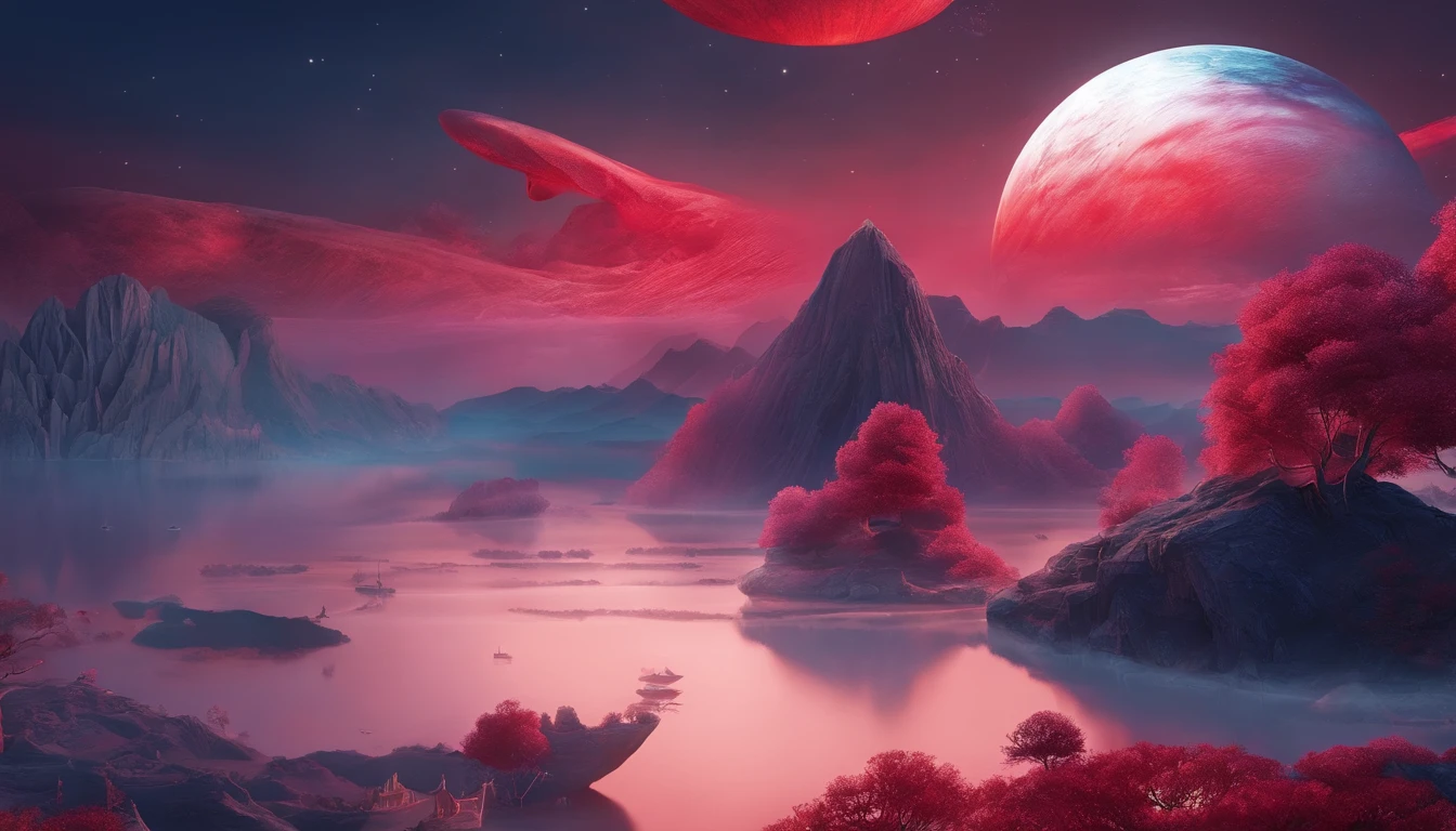 Very beautiful night planet 3D,red scene,Aerial whale floating in the clouds,Empty and boundless,Xingchen,the sea,Large depth of field perspective,chinese fantasy,Dreamism,Vivid effects and details,Excellent picture quality,A high resolution