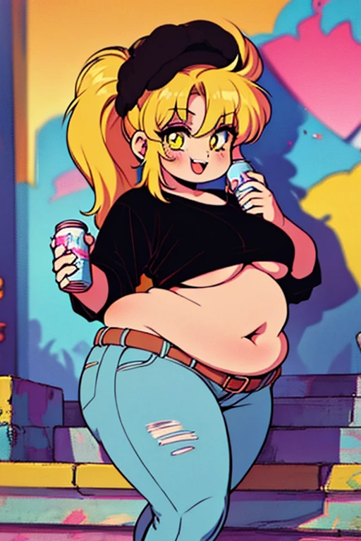 (masterpiece), 4K, Volumetric Lighting, Best Shadows, Shallow Depth of Field, obese body, Portrait Of Stunningly Beautiful Girl, Petite, Delicate Beautiful Attractive Face With Alluring Yellow Eyes, Messy Painted Face, Sharp Eyebrows, Broadly Smiling, Open Mouth, Fangs Out, Lovely Medium Breasts, Layered Long Twintail Blond Hair, Blush Eyeshadow, Thick Eyelashes, Applejack Hat, Oversized Pop Jacket, Mini Underboob Tee, Open Navel, Fat Waist, fat Belly, fat arms, chubby body, Denim Jeans Pants, With Buckle Belt, In The Graffiti Alley, Waste Container, Outside Stairs, Outdoor Unit, Holding Spray Paint Can, Standing, (Highest Quality, Amazing Details:1.25), (Solo:1.3), Brilliant Colorful Paintings