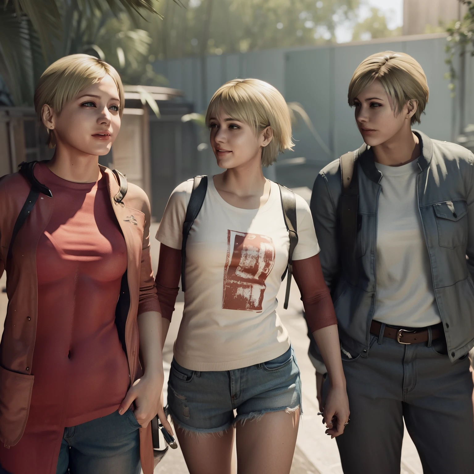 Woman, sherry Birkin , wearing white t-shirt, short blonde hair, gray hotpants, nails polish, happy expression