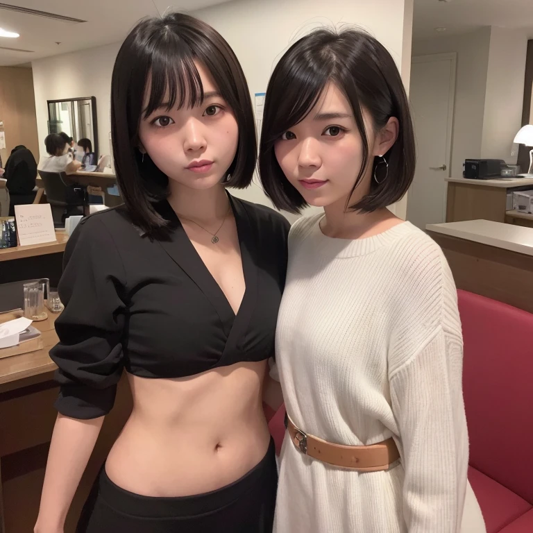 (((2 girls in、colorful underwears、lowrise)))、((Chest close together、large full breasts、thighs thighs thighs thighs、abdominals))、(realisitic、Photorealsitic、ultra-detailliert、Highest Details Skins、top-quality、​masterpiece、超A high resolution)、Beautiful Japan Woman、18year old、2 girls in、I have bangs、二重まぶた、drooing eyes、Large black eyes、Japanese style face、purity、Realistic skin type、short-cut、Japan bathroom、the kiss