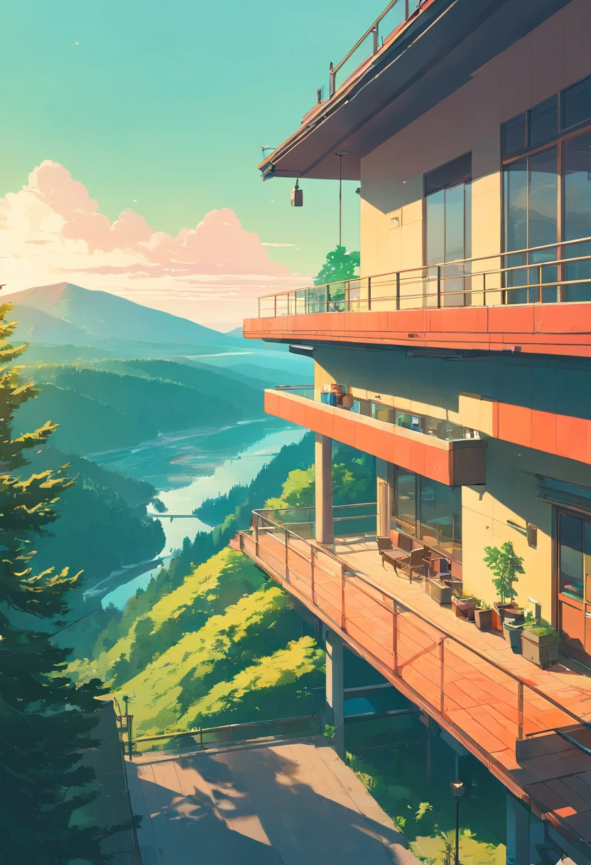 (((An amazing house))), (minimalism and brutalism style influence), (((with terraces))), (beautiful gardens), ((lake)), waterfall ((top of a samm hill)), (in edge of a river), sunset, big, deep and beautiful clouds, illustration format, cool and warm color palette, high contrast, hard shadows (Masterpiece, highest quality), (Exquisite lighting and shadow, highly dramatic picture, Cinematic lens effect), (((Simon Stålenhag visual style)))