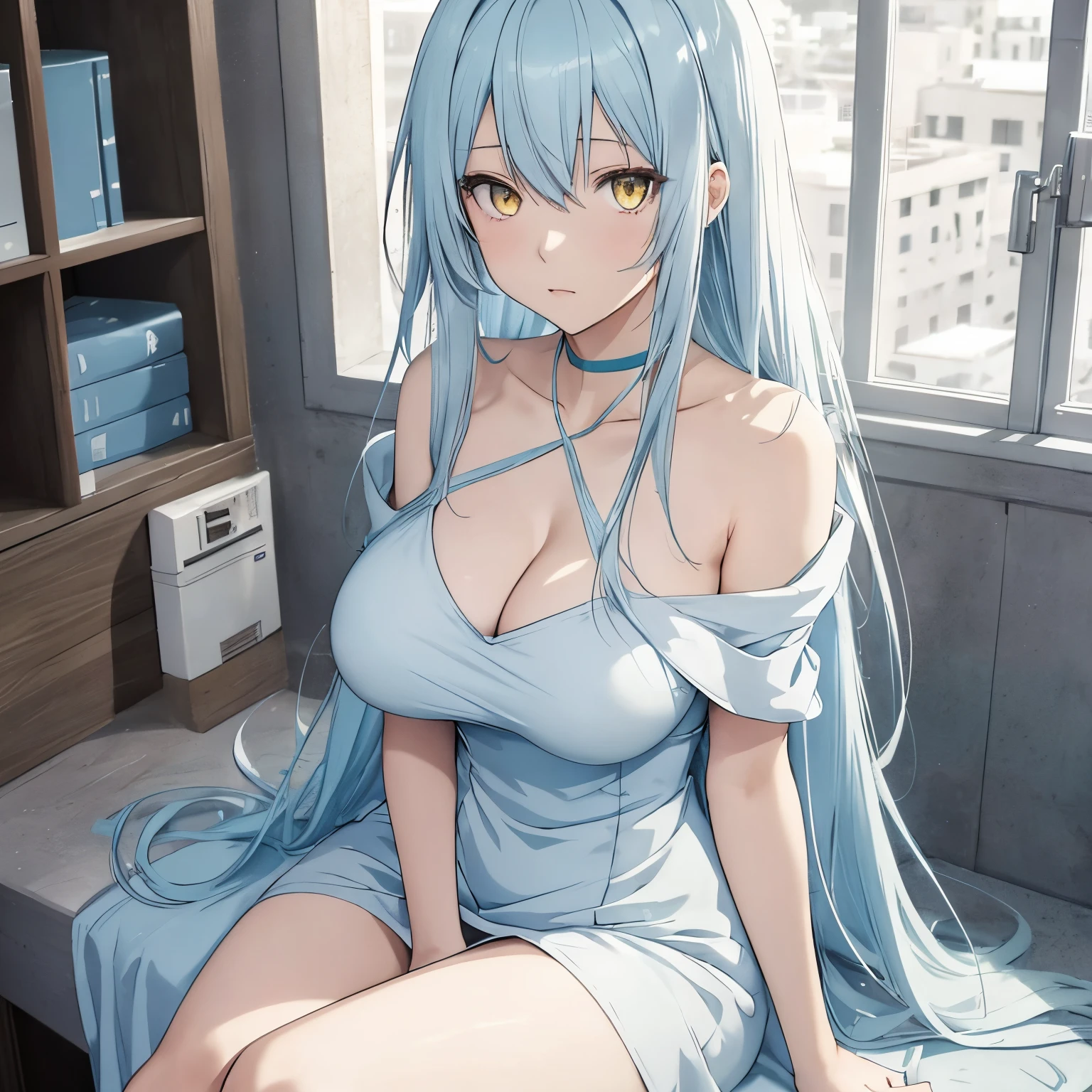 Anime, female, light blue hairs, yellow eyes, long hair, massive boobs, short dress, thigh, bare shoulder, collarbone, sitting, looking at viewer, in building, white dress