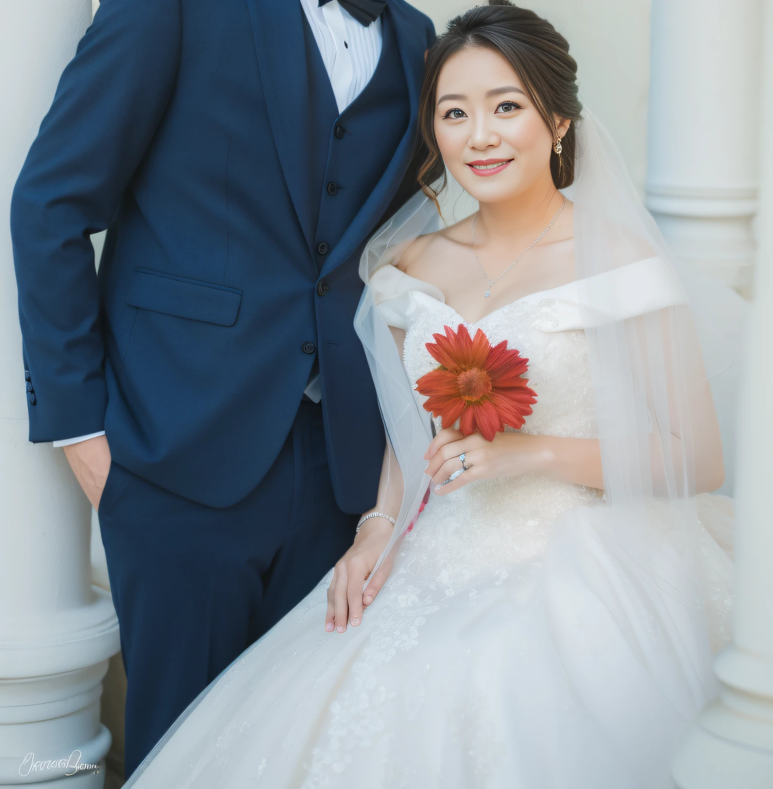 bride and groom posing for a picture in front of a white pillar, wedding photo, shot with canon eoa 6 d mark ii, bride and groom, photo taken with canon 5d, lovely couple, taken with canon eos 5 d mark iv, wedding photography, colored photo, taken with canon 5d mk4, couple portrait, shot on canon eos r 5