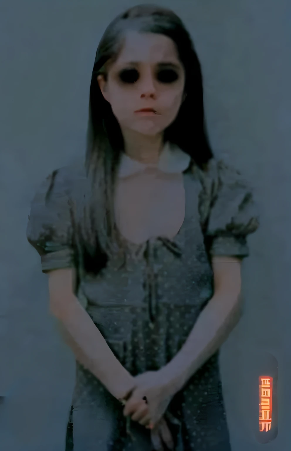 a close up of a person with a handbag in front of a wall, pale young ghost girl, wednesday addams, looks like christina ricci, cursed image, ghost of a young girl, a still of an ethereal, still from a music video, photo of the girl, she is facing the camera, as wednesday addams, inspired by Gottfried Helnwein