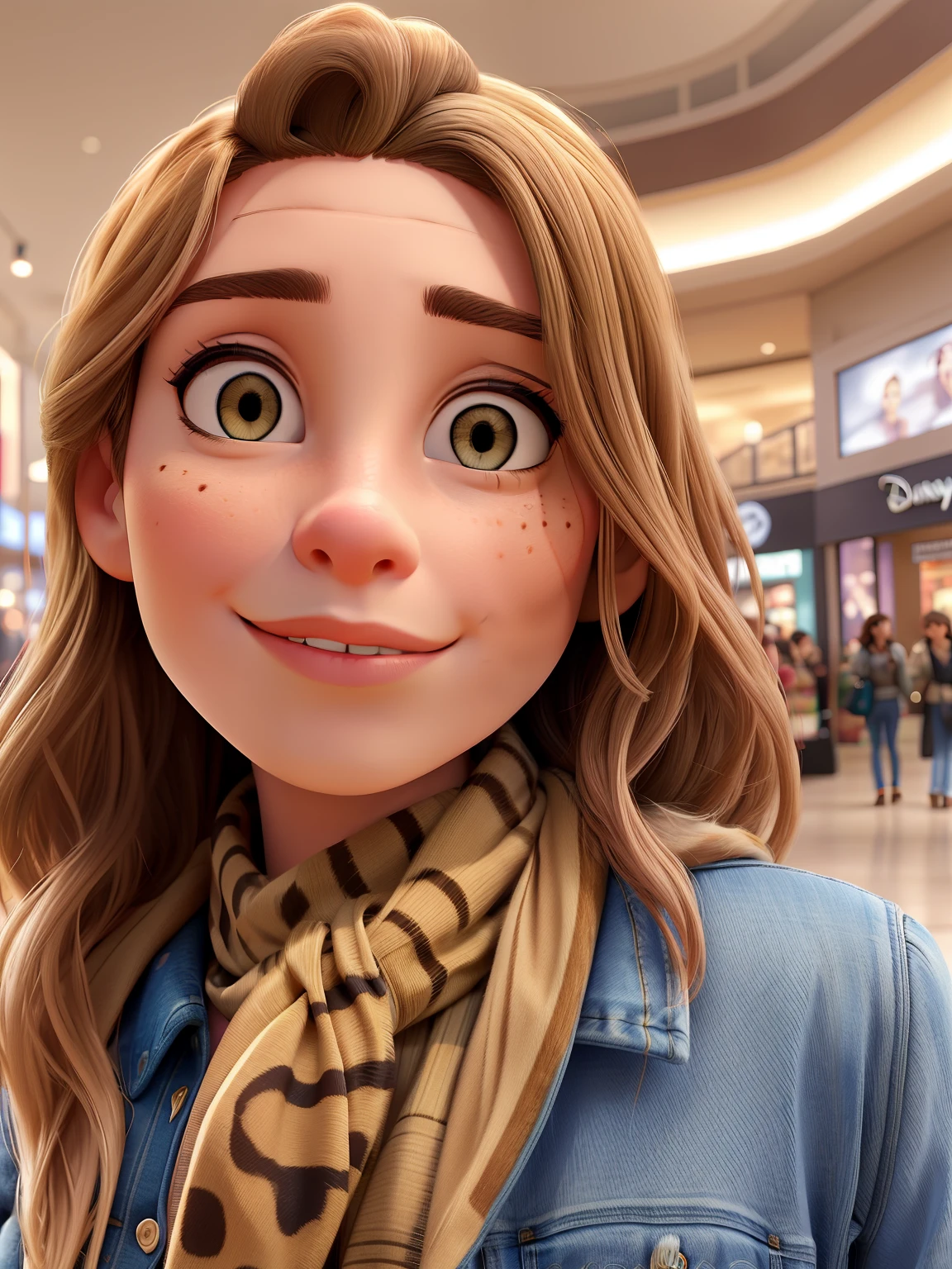 Disney is wearing a leopard print scarf and a denim jacket, 8k selfie photograph, 30-year-old french woman, appearing in a shopping mall, selfie of a young woman, looking directly at the camera, at a mall, in a mall, woman's face looking off camera, looking defiantly at the camera, stood in a supermarket