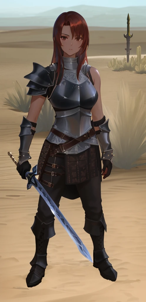 ((Masterpiece, highest quality)), a close up of a person with a sword in a desert, pale black armor, north adult female warrior, warrior outfit, tied leather armor, wearing studded leather armor, desert breathing armor, wearing a dark heavy plate armor, wearing leather assassin armor, oblivion armor, brown heavy armor, black and reddish color armor, brown armor, red hair, dark red eyes, hoding sword