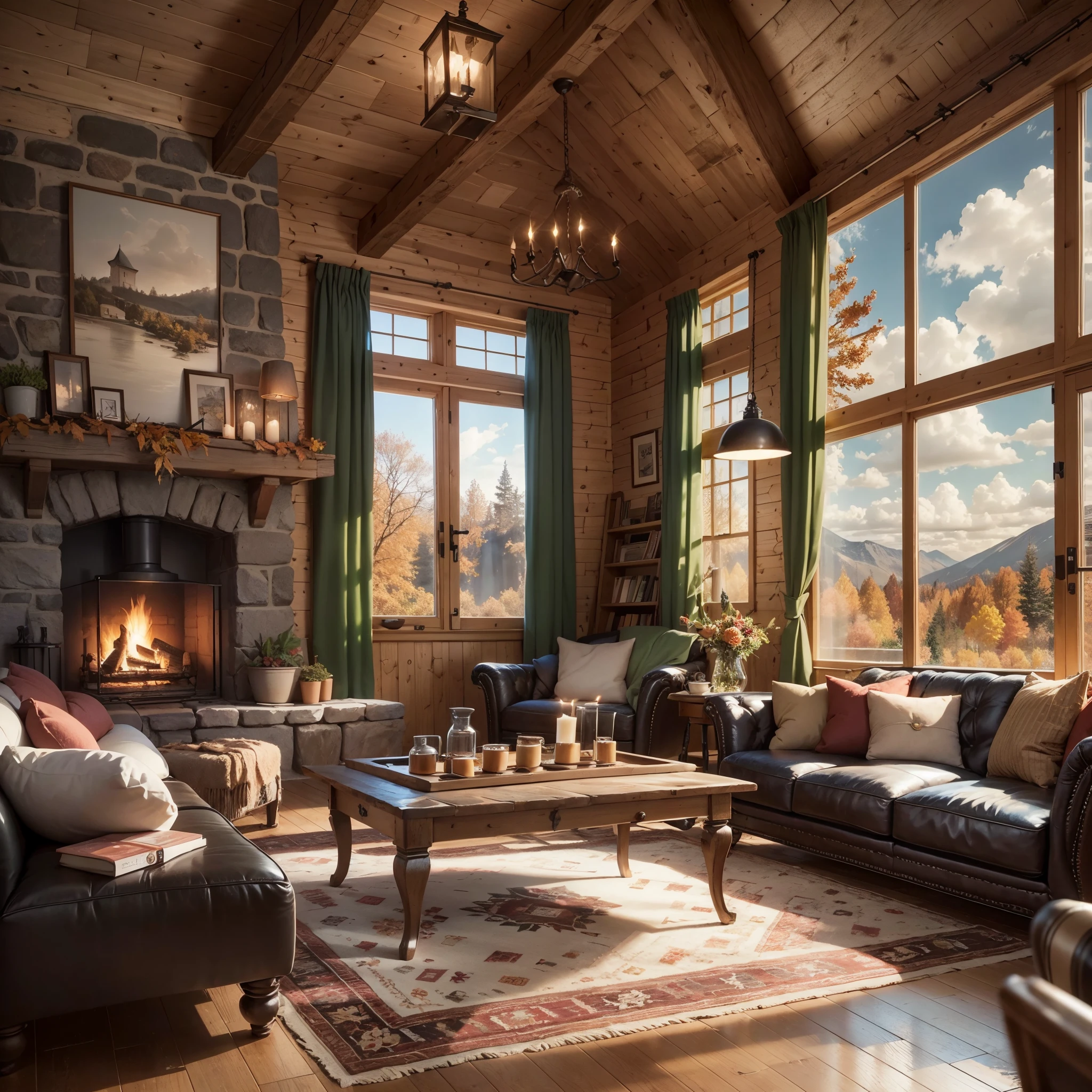 A living room with classic and cozy furniture, inspired by chalets, in the rustic style, with a fireplace, glass windows with an autumnal landscape outside, realistic photo with cafeteria air