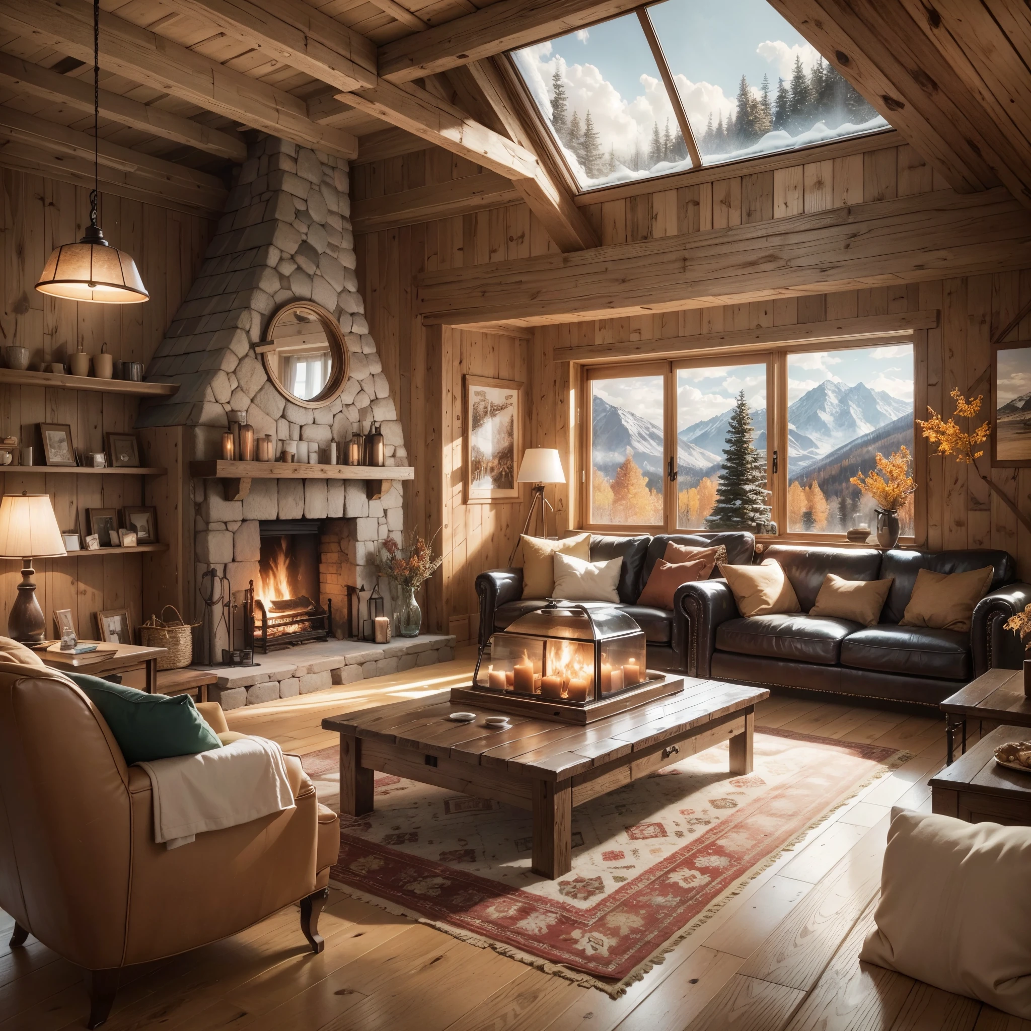 A living room with classic and cozy furniture, inspired by chalets, in the rustic style, with a fireplace, glass windows with an autumnal landscape outside, realistic photo with cafeteria air