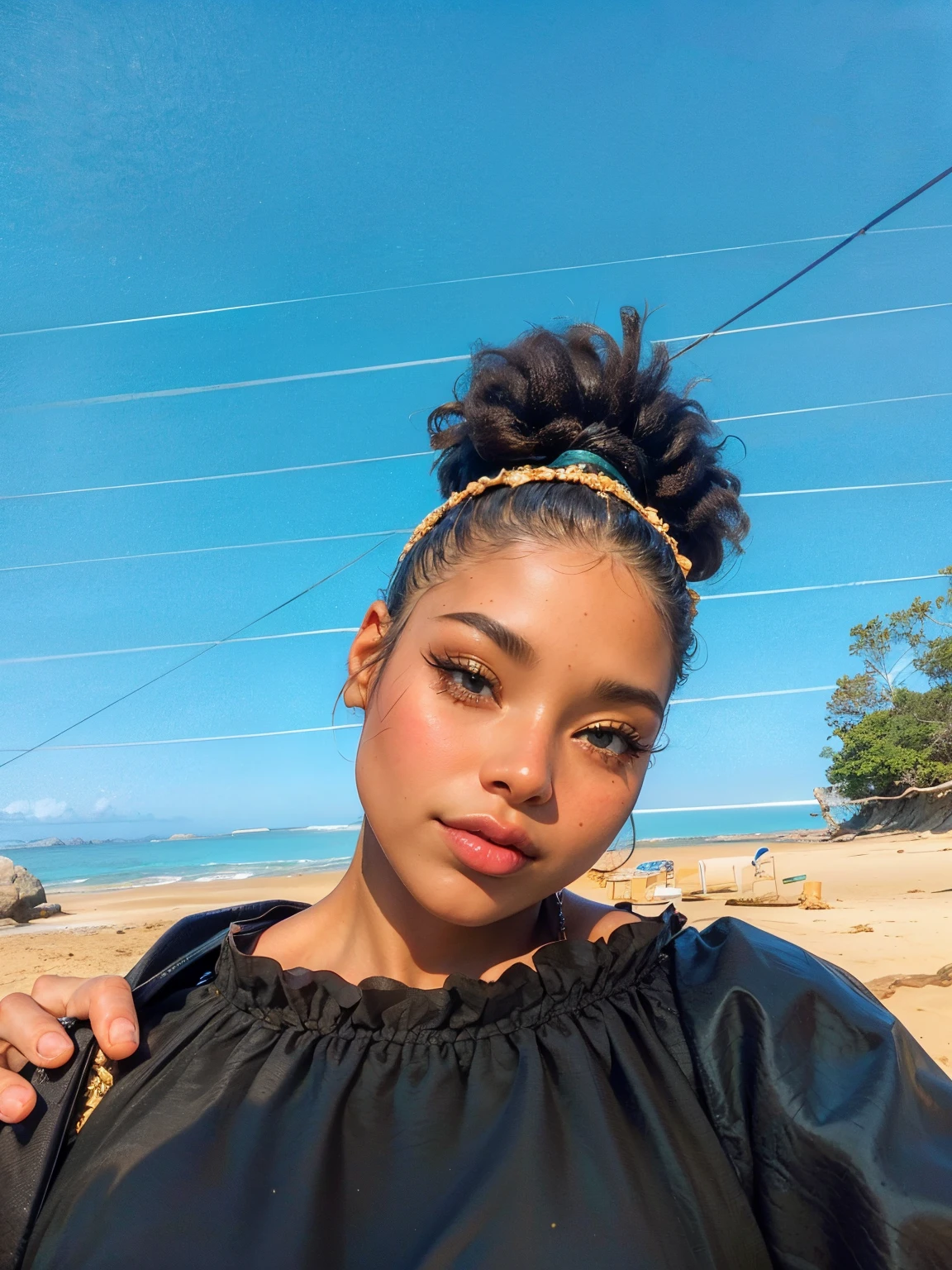 The prompt: sea, beach, island, sexy girl, beautiful detailed eyes, beautiful detailed lips, extremely detailed face, long eyelashes, sand, crystal-clear water, golden sunset, soft waves, gentle breeze, tropical paradise, vibrant colors, sun-kissed skin, b...