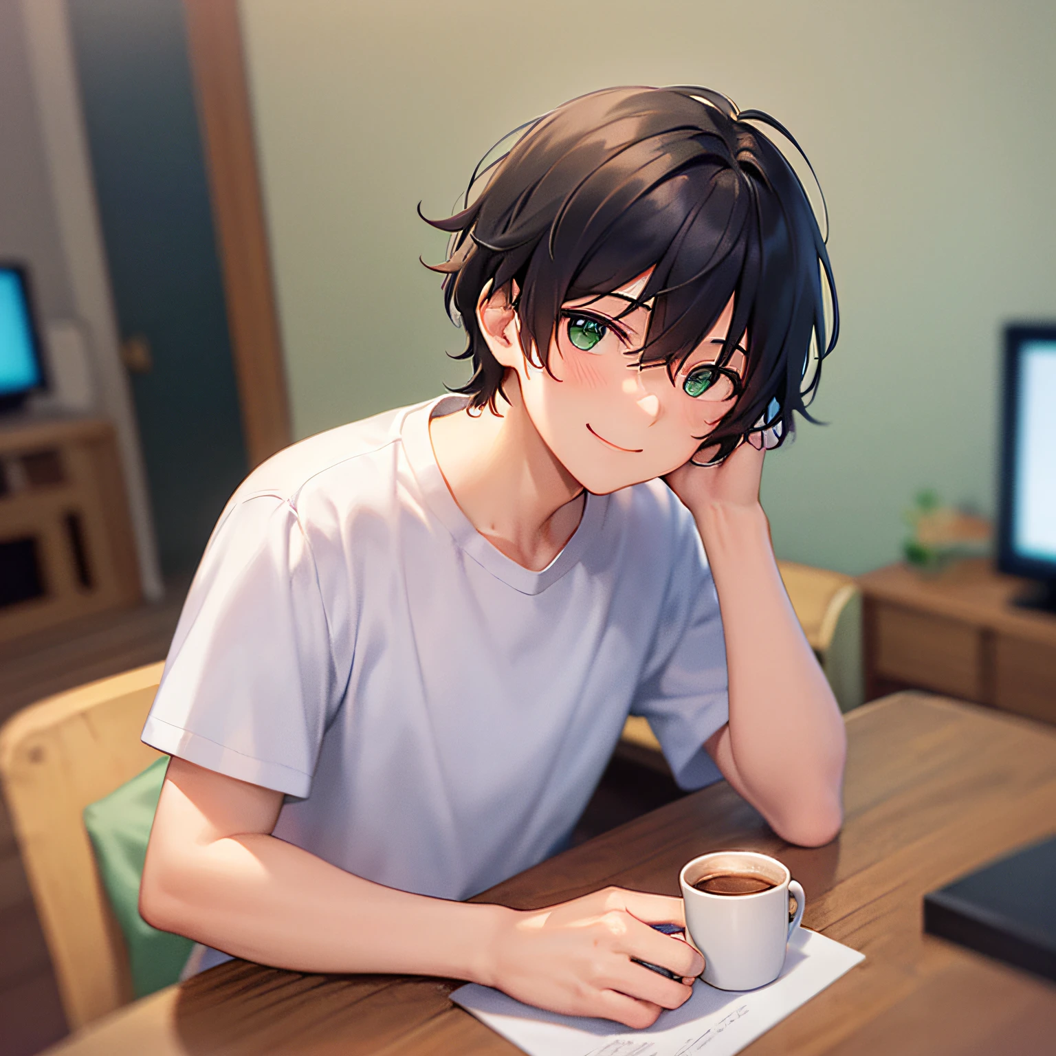 masterpiece、hightquality、25-year-old man with short black hair and green eyes、Like a cartoon in Japan、wearing white t-shirts、(Alone:1.5)、(Gently smiling expression:1.1)、(Close-up of your face:1.3)、(Only the upper body is shown.:1.3)、I'm in the living room of an apartment、Drinking coffee、Bold composition、