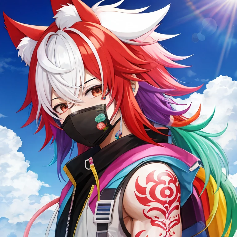 kemono1boy, rainbow large hair, face mask, full tattoo