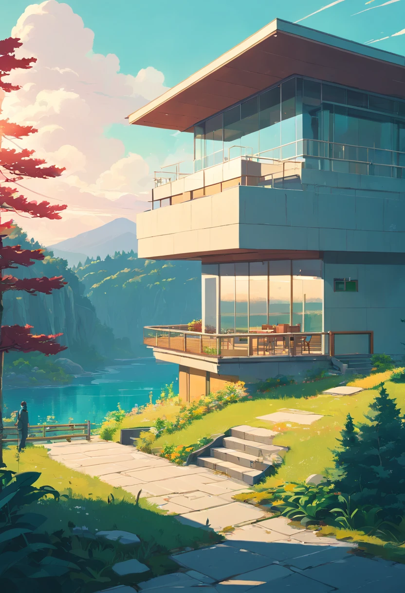 (((An amazing house))), (minimalism and brutalism style influence), (((with terraces))), (beautiful gardens), ((lake)), waterfall ((top of a samm hill)), (in edge of a river), sunset, big, deep and beautiful clouds, illustration format, cool and warm color palette, high contrast, hard shadows (Masterpiece, highest quality), (Exquisite lighting and shadow, highly dramatic picture, Cinematic lens effect), (((Simon Stålenhag visual style))) 2 level house, most walls are made of glass, 200 square meter house, flat roof, architecture inspired by Zaha Hadid